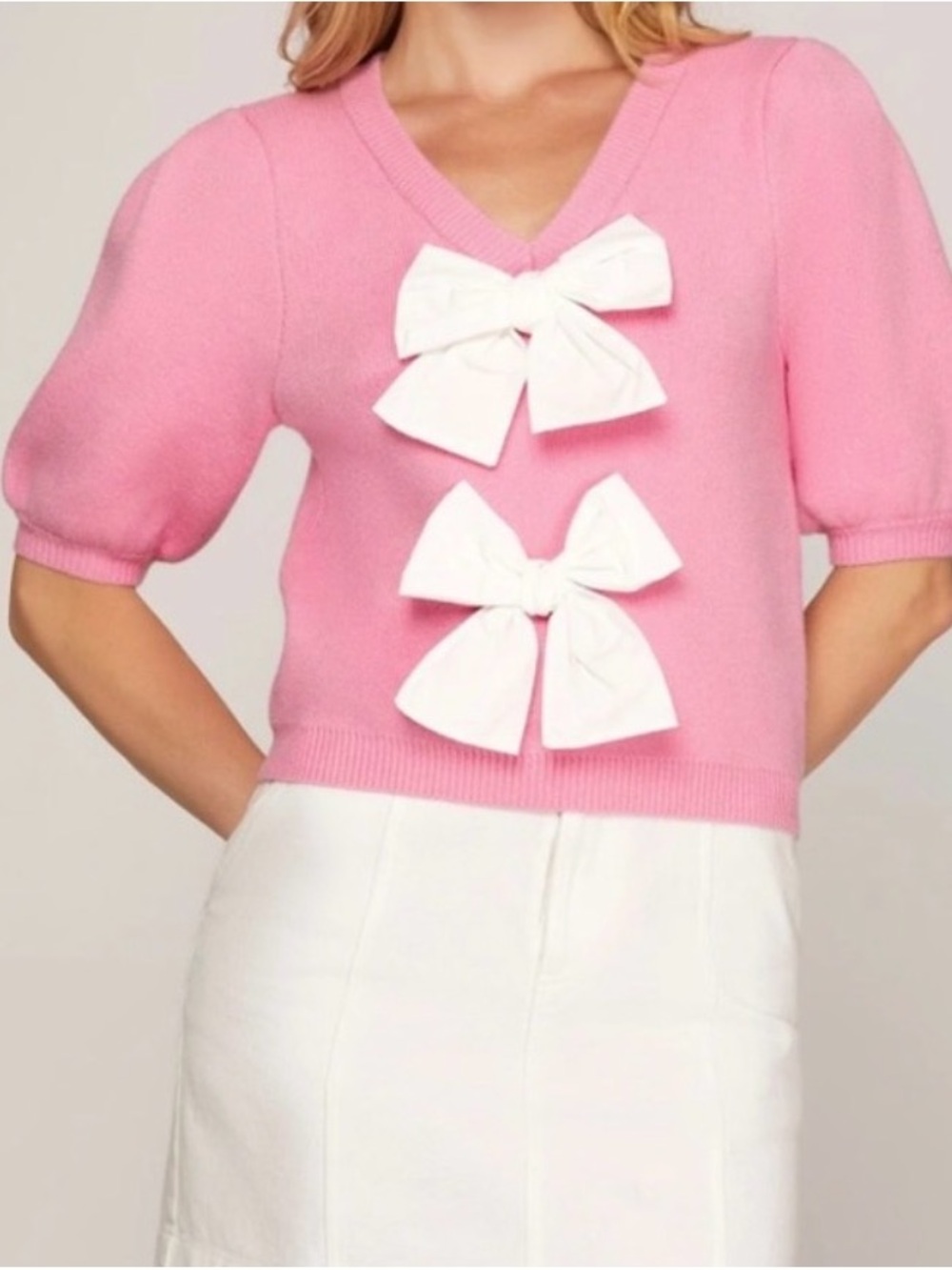 Pink Bow Accent V-Neck Sweater